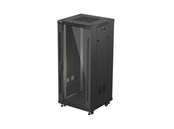 19" RACK SZEKRÉNY SZABADON ÁLLÓ 27U/600X600 (FLAT PACK) ÜVEGAJTÓVAL FEKETE LANBERG