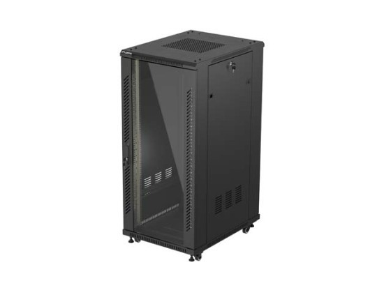 19" RACK SZEKRÉNY SZABADON ÁLLÓ 27U/600X800 (FLAT PACK) ÜVEGAJTÓVAL FEKETE LANBERG
