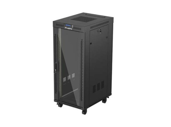 RACK SZEKRÉNY 19" SZABADON ÁLLÓ 27U/600X800 (FLAT PACK) ÜVEGAJTÓVAL LCD FEKETE LANBERG V2