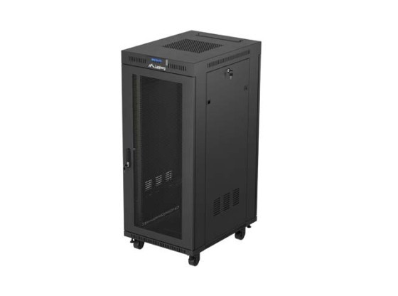 19" RACK SZEKRÉNY SZABADON ÁLLÓ 27U/600X800 (LAPOS CSOMAGOLÁS) HÁLÓS AJTÓVAL LCD FEKETE LANBERG V2