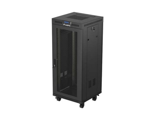 19" RACK SZEKRÉNY SZABADON ÁLLÓ 27U/600X600 (FLAT PACK) HÁLÓS AJTÓVAL LCD FEKETE LANBERG V2