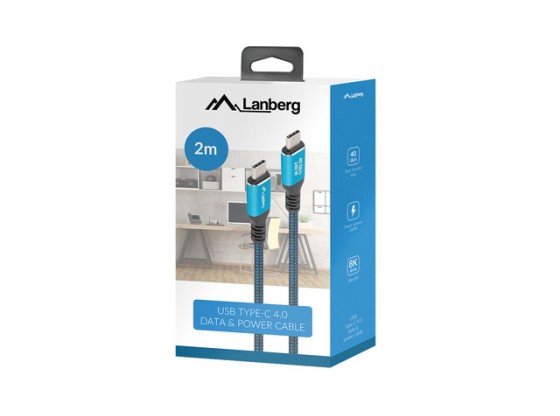 USB-C M/M USB4 kábel, 2 m, 240 W, 8K, 60 Hz, fekete és kék, LANBERG dobozban