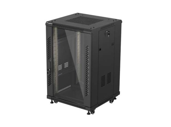 19"-es, szabadon álló, 18U-s, 600×600-as (összeszerelésre kész) rack szekrény üvegajtóval, fekete, LANBERG