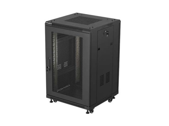 19"-es, szabadon álló, 18U-s, 600×600-as rack szekrény (összeszerelésre kész csomag) hálós ajtóval, fekete, LANBERG