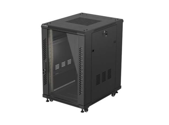 19"-es, szabadon álló, 18U-s, 600×800-as (összeszerelésre kész) rack szekrény üvegajtóval, fekete, LANBERG