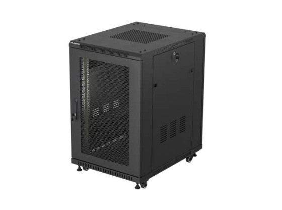 19"-es, szabadon álló, 18U-s, 600×800-as (összeszerelésre kész) rack szekrény hálós ajtóval, fekete, LANBERG