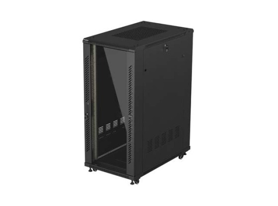 19"-es, szabadon álló rack szekrény, 27U/600×1000 (összeszerelésre kész csomag), üvegajtóval, fekete, LANBERG