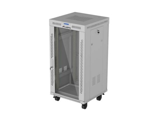 19"-es, szabadon álló, 22U-s rack szekrény (600×600), lapos csomagolásban, üvegajtóval, LCD, szürke, LANBERG V2