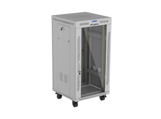 19"-es, szabadon álló, 22U-s rack szekrény (600×600), lapos csomagolásban, üvegajtóval, LCD, szürke, LANBERG V2
