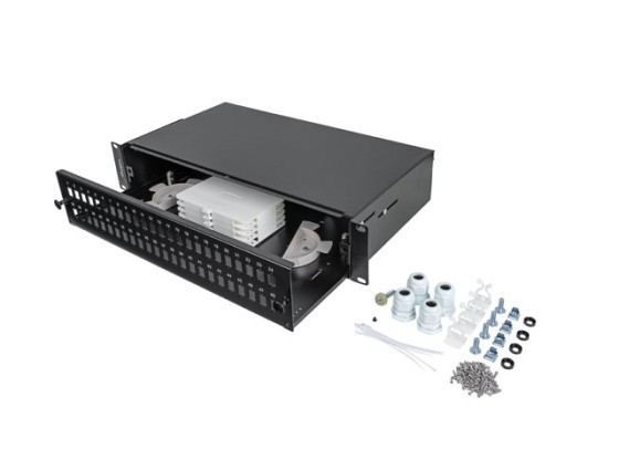 19"-es, 2U-s, rackbe szerelhető LANBERG száloptikai csatlakozópanel, 48XSC simplex/48XLC duplex, fekete + kiegészítők