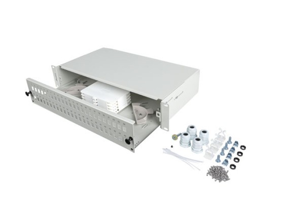 19"-es, 2U-s, rackbe szerelhető LANBERG száloptikai csatlakozópanel, 48XSC simplex/48XLC duplex, szürke + kiegészítők