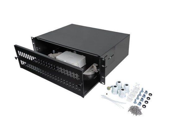 19"-es, 3U-s, rackbe szerelhető LANBERG 48XSC duplex / 48XLC quad szálas csatlakozópanel, fekete + tartozékok