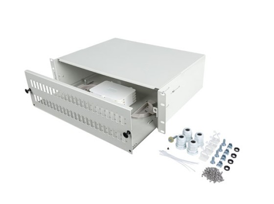 19"-es, 3U-s, rackbe szerelhető LANBERG száloptikai csatlakozópanel, 48XSC duplex / 48XLC quad, szürke + kiegészítők