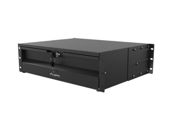 19"-es fiók, 3U/483×360 mm, maximális terhelhetőség: akár 90 kg, 4 pontos rögzítés, fekete, LANBERG