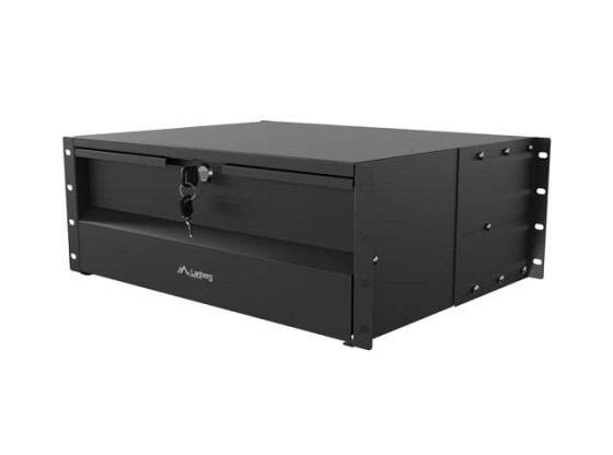 19"-es fiók, 4U/483×360 mm, maximális terhelhetőség: akár 90 kg, 4 pontos rögzítés, fekete, LANBERG