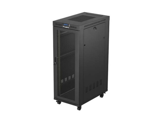 19" 32U 600x1000-es fekete, padlóra állítható rack szekrény perforált LCD-ajtóval, gyártó: LANBERG (összecsukva)