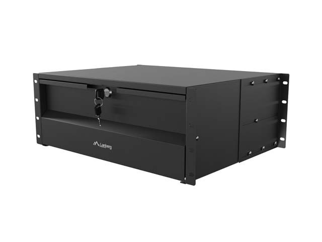 19"-es fiók, 4U/483×360 mm, maximális terhelhetőség: akár 90 kg, 4 pontos rögzítés, fekete, LANBERG